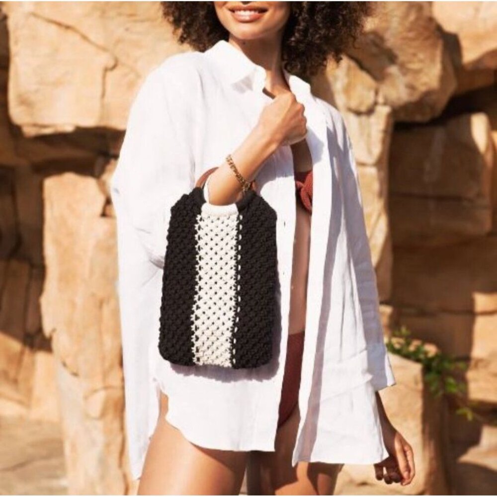 Laude The Label NWT Gabby Mini Macrame Bag Black/White Wooden Handle Woven Purse